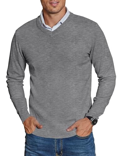 COOFANDY Strickpullover Herren V Ausschnitt Pullover Business Strickpullover Warmer Winterpullover Einfarbig Regular Fit Feinstrickpullover Hellgrau 3XL von COOFANDY