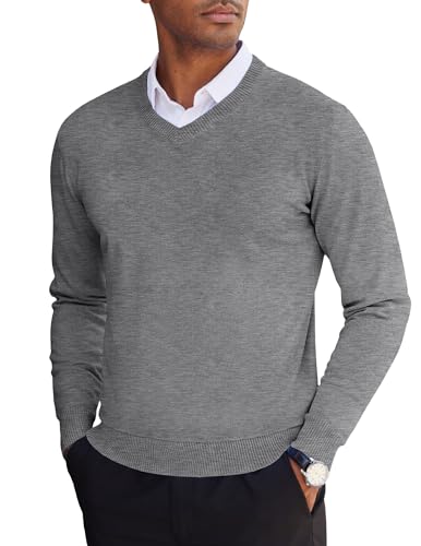 COOFANDY Strickpullover Herren V Ausschnitt Pullover Business Strickpullover Warmer Winterpullover Einfarbig Regular Fit Feinstrickpullover Hellgrau XXL von COOFANDY