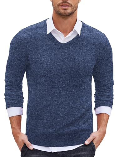 COOFANDY Strickpullover Herren mit V Ausschnitt Langarm Swaetershirt Feinstrick Basic Pullover Sweater Fall Tops Casual Dunkelblau-Weiß XXL von COOFANDY