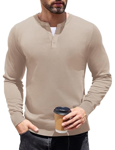 COOFANDY Strickpullover Langarm Herren Henley Rundhals Pullover Sweater Männer Einfarbig Regular Fit Longsleeve Shirt Helles Khaki M von COOFANDY
