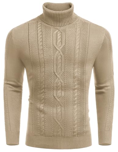 COOFANDY Strickpullover Langarm Herren Pullover mit Rollkragen Klassisch Slim fit Winterpullover Zopfmuster Sweater Khaki M von COOFANDY