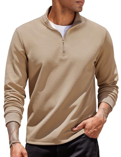 COOFANDY Sweatshirt für Herren Troyer Langarm Zip Stehkragen Pullover ohne Kapuze Leichter Herrenpullover Langarmshirt Longsleeve Pulli mit Reißverschluss Khaki XL von COOFANDY