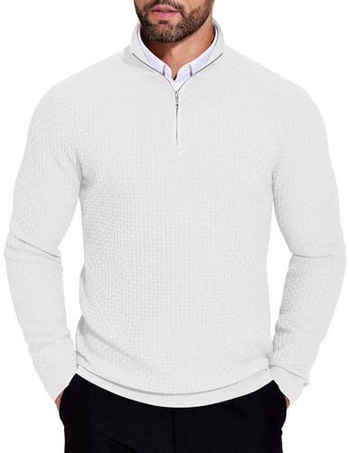 COOFANDY Sweatshirt Herren Rollkragen Arbeitspullover Half Zip Pullover Mit Kragen Strickpullover Winter Warm Business Herrenpullover Langarm Pulli Weiß XXL von COOFANDY