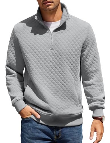 COOFANDY Sweatshirt Herren mit Reißverschluss Stehkragen Pullover Regular Fit Half Zip Neck Sweatshirt Zip Polo Langarm Sweater Winter Warm Langarmshirt Hellgrau L von COOFANDY