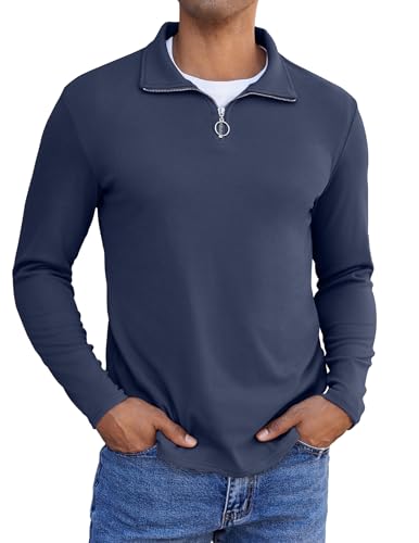 COOFANDY Sweatshirt Herren Ohne Kapuze Winter Longsleeve T Shirt Poloshirt Herren Langarm Half Zip Pullover Langarmshirts Zip Sweater Polo Sweatshirt Sweater Navy Blau 2XL von COOFANDY