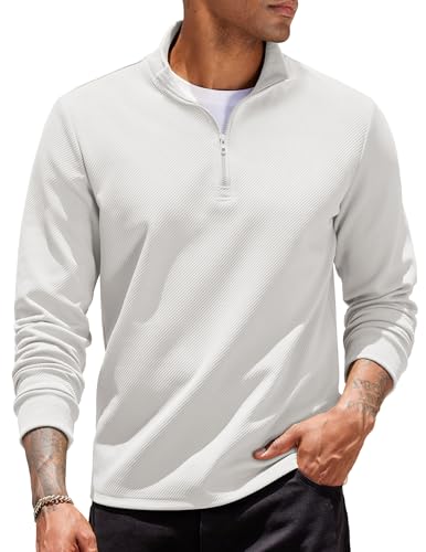 COOFANDY Sweatshirts für Herren 1/4 Zip Pullover Troyer Sweatshirt ohne Kapuze Pulli Langarm Herrenpullover Langarmshirt Herren Longsleeve Weiß S von COOFANDY