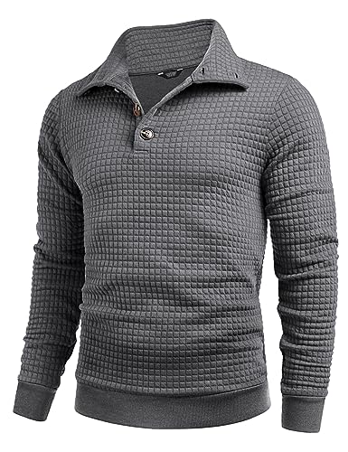 COOFANDY Sweatshirts für Herren Winter Pullover mit Stehkragen Waffel Sweatshirt Langarm Herrenpullover Button Down Sweatshirt Warm Pulli Dunkelgrau S von COOFANDY
