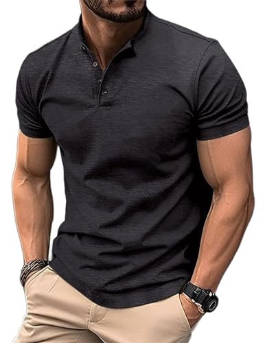 COOFANDY T Shirt Herren Kurzarm Henley Shirt Sommer Business Casual T-Shirt Männer mit Knopfleiste Arbeits Basic Oberteil Schwarz XXL von COOFANDY