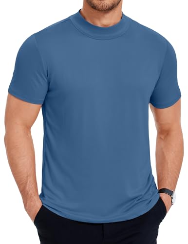 COOFANDY T-Shirt Herren Rundhals Kurzarm Halb Kragen Rollkragenshirt Slim Fit Sommershirt Stehkragenshirt Einfarbig Unterhemd Dunkelblau XXL von COOFANDY