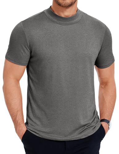 COOFANDY T-Shirt Herren Rundhals Rollkragenshirt Herren Kurzarm Slim Fit Halb Kragen T–Shirt Stehkragenshirt Kurzarmshirt Männer Sommer Basic Tops Dunkelgrau XL von COOFANDY