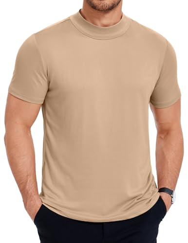 COOFANDY T-Shirts für Herren Kurzarm Stehkragen Shirt Kurzarmshirt Crewneck T-Shirt Sommer Tshirt Männer Slim Fit Einfarbig Unterhemd Khaki 3XL von COOFANDY
