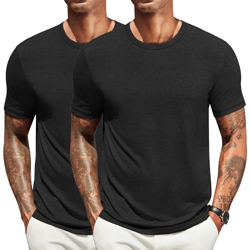COOFANDY T-Shirts für Herren Sommer T-Shirt Rundhals T Shirt Kurzarmshirt Casual Tshirts Unterhemd Einfarbig Basic Tshirt Unterziehshirt Schwarz-2er Pack 3XL von COOFANDY