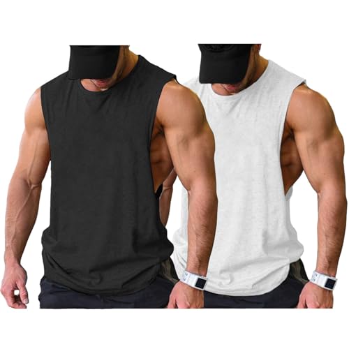 COOFANDY Tank Top Bodybuilding Herren Workout Gym Ärmellose Muskelshirts Tshirt, Weiß/Schwarz(2 Stück) L von COOFANDY