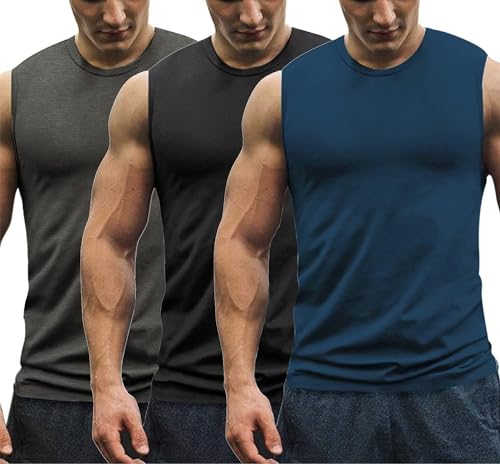 COOFANDY Herren Muskelshirt Axelshirt Tank Top 3er Muscle Shirt ärmelloses Vest Athletic Unterhemden Rundhals-Ausschnitt Schwarz/Dunkelgrau/Blau S von COOFANDY