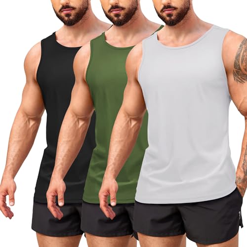 COOFANDY Tank Top Herren 3er Pack Muskelshirts Achselshirts Gym Shirts Achselhemden Ärmelloses Shirt Fitness Tanktop Sommer Laufshirt Mehrfarbig Schwarz/Armeegrün/Hellgrau XXL von COOFANDY