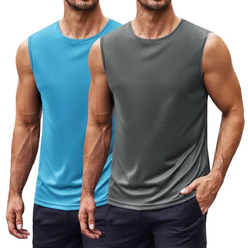 COOFANDY Herren Tank Top Funktionsshirt Gym Tanktops Ärmelloses Muskelshirt Achselshirts Bodybuilding Shirt Dunkelgrau/Hellblau XL von COOFANDY