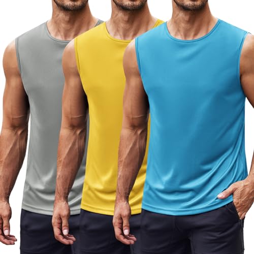 COOFANDY Herren Tank Top Funktionsshirt Gym Tanktops Ärmelloses Muskelshirt Achselshirts Bodybuilding Shirt Hellgrau/Gelb/Hellblau XL von COOFANDY
