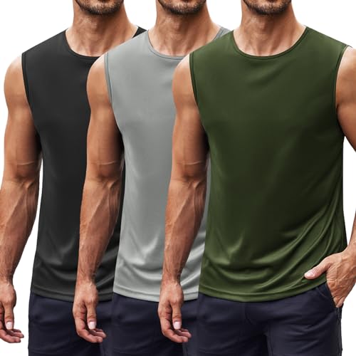COOFANDY Tanktop Herren 3er Pack Muskelshirts Bodybuilding Männer Ärmellos Basic Tank Tops Schwarz/Hellgrau/Armeegrün XL von COOFANDY