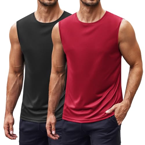 COOFANDY Tank Top Herren 2er Pack Fitness Shirt Ärmelloses Laufshirt Muscle Shirt Bodybuilding Achselshirts Schnelltrocknend Tanktop Schwarz/Rot XL von COOFANDY