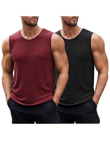 COOFANDY Tank Top Herren Fitness Träger Top 2 Pack Ärmelloses Muskel Gym Sport Unterhemd Männer T Shirt 2 Stück Schwarz/Weinrot L von COOFANDY