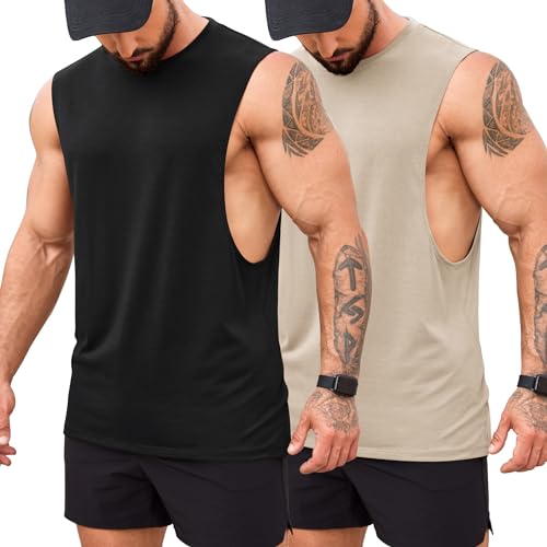 COOFANDY Tank Top Herren Gym Muscle Shirts Fitness Cut Off T Ärmelloses Shirt Männer Schwarz Hell Khaki 2 Stück S von COOFANDY