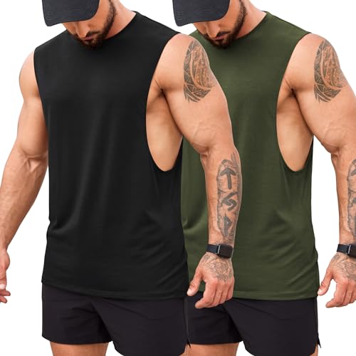 COOFANDY Tank Top Herren Gym Oversize Ärmelloses Shirt Workout Männer Muskelshirts Schwarz Armeegrün 2 Stück XL von COOFANDY