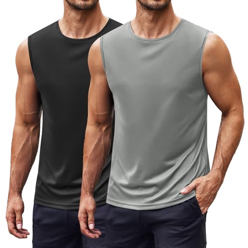 COOFANDY Tank Top Herren Muskelshirts Gym Tanktop Workout Ärmelloses T-Shirt with UPF 50 Sonnenschutz Tanktops Sport Unterhemd Schwarz/Hellgrau M von COOFANDY