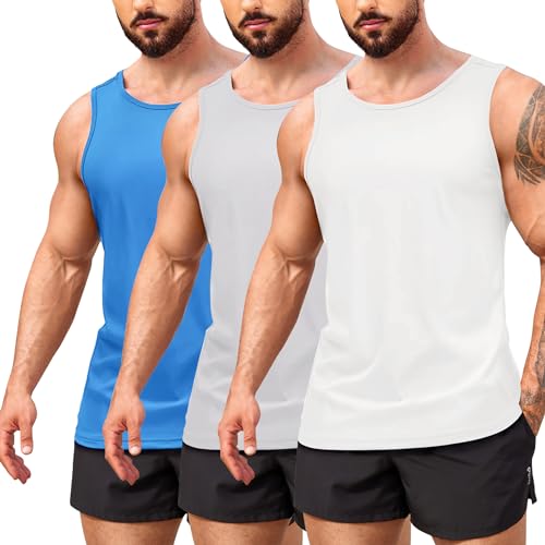 COOFANDY Tank Top Herren Set Achselshirts Muskelshirts Tanktops Gym Shirt Fitness Unterhemden Achselhemden Ärmelloses Shirt Bodybuilding Training Weiß/Hellgrau/Blau M von COOFANDY