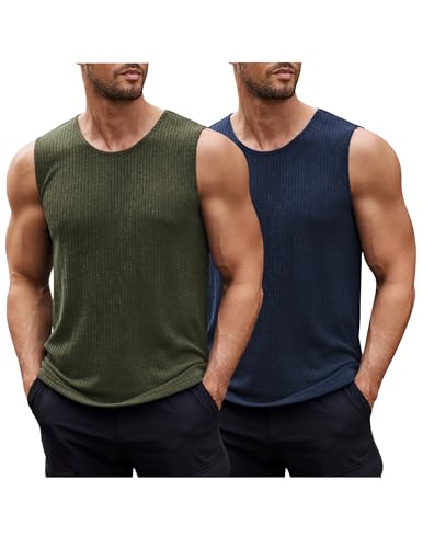 COOFANDY Tank Tops Ärmellose Lässige Sommer Strand Tank Shirts Herren 2 Pack Rippenstrick 2 Stück Marine/Armee Grün M von COOFANDY