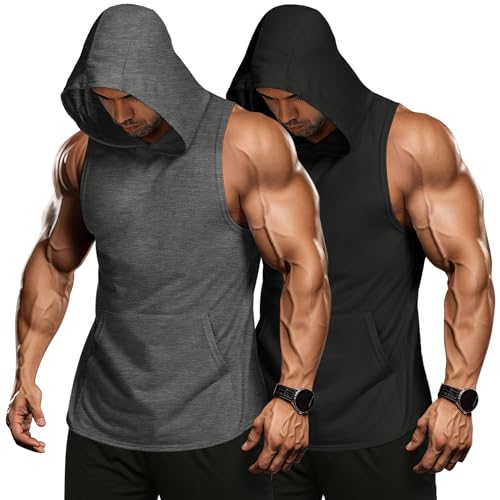 COOFANDY Tank Tops Herren Tshirt Fitness Shirts Ärmelloser Hoodie Sport Shirt Muskelshirts Unterhemden Kapuzenpullover mit Handytaschen Gym Shirt Schwarz/Dunkelgrau(2 Stück) L von COOFANDY