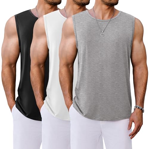 COOFANDY Tanktop Herren Gym Tshirt Herren Ärmellose Running Sommer Achselshirts Unterhemden Schwarz/Weiß/Hellgrau (3 Stück) M von COOFANDY