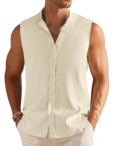 COOFANDY Tanktops für Herren, Sommer, Strand, ärmellos, Knopfleiste, lässig, strukturiert, Beige, Klein von COOFANDY