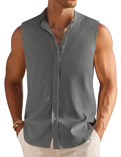 COOFANDY Tanktops für Herren, Sommer, Strand, ärmellos, Knopfleiste, lässig, strukturiert, grau dunkel, Klein von COOFANDY