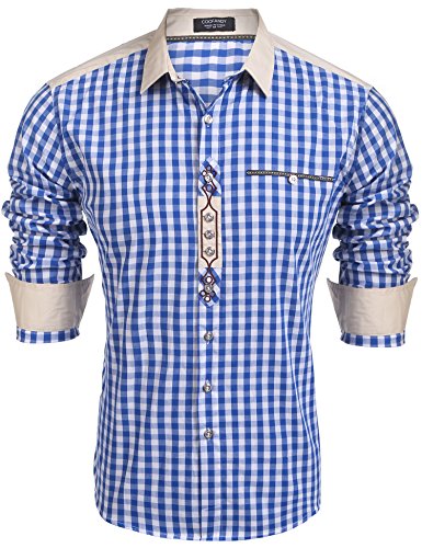 COOFANDY Trachtenhemden Herren Langarm Oktoberfest Hemd Kariertes Tracht Hemden Karohemden Freizeithemd Baumwolle Regular fit Oktoberfest Herren Outfit 45-blau S von COOFANDY