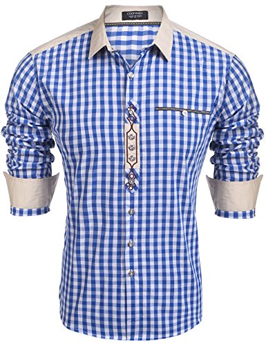 COOFANDY Hemd Herren Trachtenhemd Kariert Hemd Oktoberfest Langarm Karohemden Freizeithemd Karohemden Cargo Hemd mit Baumwolle Slim fit für Männer blau XL von COOFANDY