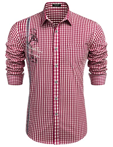 COOFANDY Trachtenhemd Herren Kariertes Hemd Slim Fit Langarm Freizeit Oktoberfest Karohemd für Männer Rot S von COOFANDY