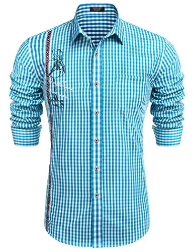COOFANDY Trachtenhemd Herren Kariertes Langarmhemd Slim Fit mit Besticktem Freizeit Oktoberfest Hemd für Männer Blau XXL von COOFANDY