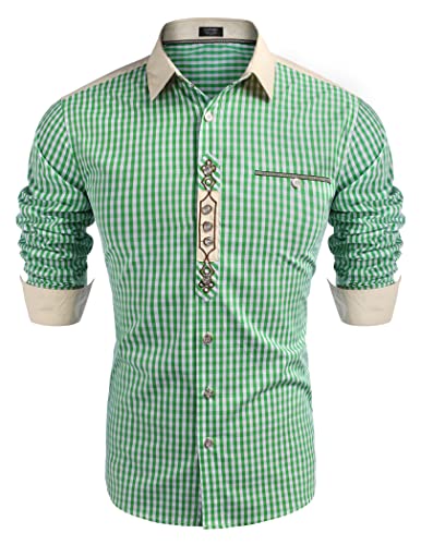 COOFANDY Trachtenhemd Herren Oktoberfest Herren Outfit Kariertes Hemd Oktoberfest Hemd Langarm Trachten Hemden Freizeithemden Karohemden mit Baumwolle Grün 5XL von COOFANDY