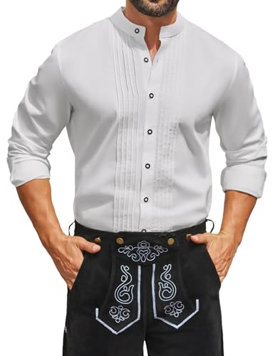 COOFANDY Trachtenhemd Herren Weiß Langarm Oktoberfest Hemd mit Stehkragen Baumwolle Freizeithemd Trachten Hemden Weiß XXL von COOFANDY