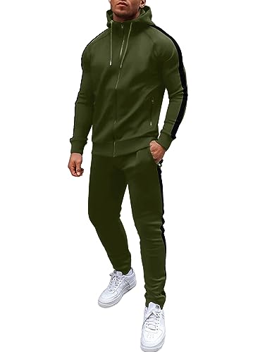 COOFANDY Trainingsanzug Herren Jogginganzug Tracksuit Sportanzug Jogginghose Streatwear Hoodie Set mit Kapuze Casual 2 Teiliges Outfit mit Reißverschlusstasche Armeegrün L von COOFANDY