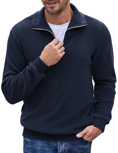 COOFANDY Troyer Herren 1/4 Zip Strickpullover Männer Solid Langarm Winterpullover Navy Blau M von COOFANDY