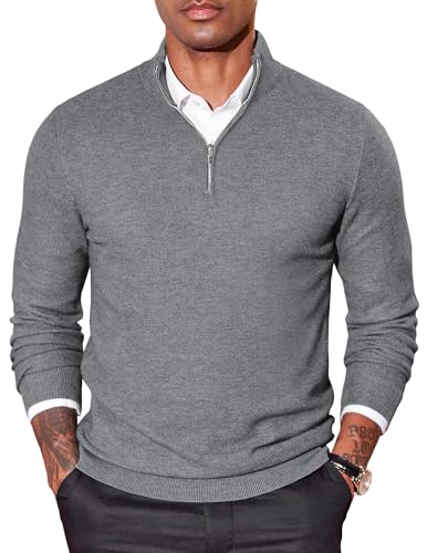 COOFANDY Troyer Herren Rollkragenpullover Half Zip Pullover Slim Fit Strickpullover mit Reissverschluss Winterpullover Einfarbig Herrenpullover Business Grau M von COOFANDY