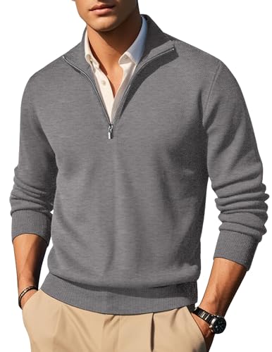 COOFANDY Pullover Herren Half Zip Pullover mit Reissverschluss Troyer Rollkragenpullover Business Herrenpullover Langarm Stehkragen Pulli Grau XXL von COOFANDY