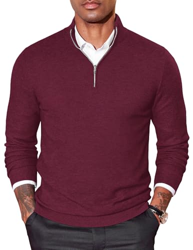 COOFANDY Troyer Herren Rollkragenpullover Half Zip Pullover Slim Fit Strickpullover mit Reissverschluss Winterpullover Einfarbig Herrenpullover Business Rot XXL von COOFANDY