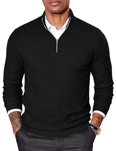 COOFANDY Troyer Herren Rollkragenpullover Half Zip Pullover Slim Fit Strickpullover mit Reissverschluss Winterpullover Einfarbig Herrenpullover Business Schwarz 3XL von COOFANDY