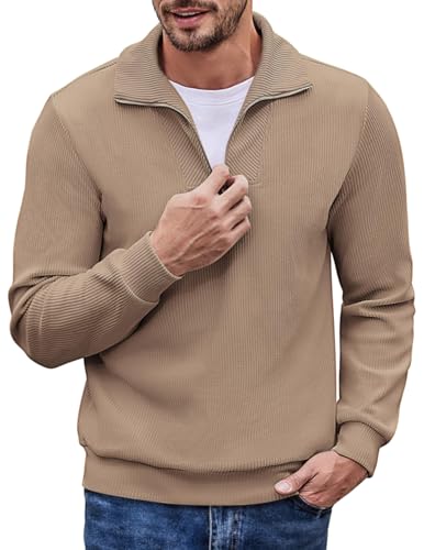 COOFANDY Pullover Herren mit Half Reißverschluß Winter Strickpullover Männer Regular Fit Pulli Khaki L von COOFANDY