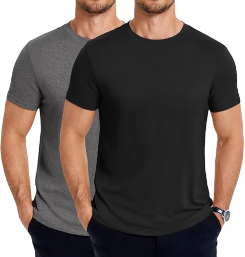 COOFANDY Tshirt Herren Rundhals Sommer Basic Kurzarm Casual Einfarbig T-Shirt 2er Pack Schwarz/Dunkelgrau L von COOFANDY
