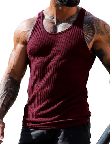 COOFANDY Unterhemd Herren Strick Tank Top Sport Ärmelloses Shirt Fitness Vest Sleeveless T-Shirt für Training Muskelshirts Dunkelrot 4XL von COOFANDY