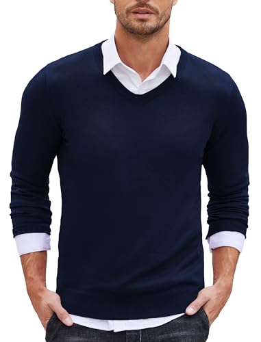 COOFANDY V Ausschnitt Herren Pullover Slim Fit Basic Pullover Herren Langarmshirt Strickpullover Sweater Fall Tops Marine XL von COOFANDY