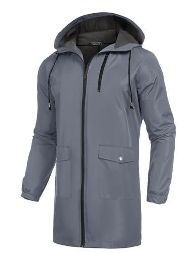 COOFANDY Wasserdichte Regenjacke für Herren, mit Kapuze, leicht, winddicht, Outdoor-Aktivität, langer Regenmantel, dunkelgrau, Large von COOFANDY